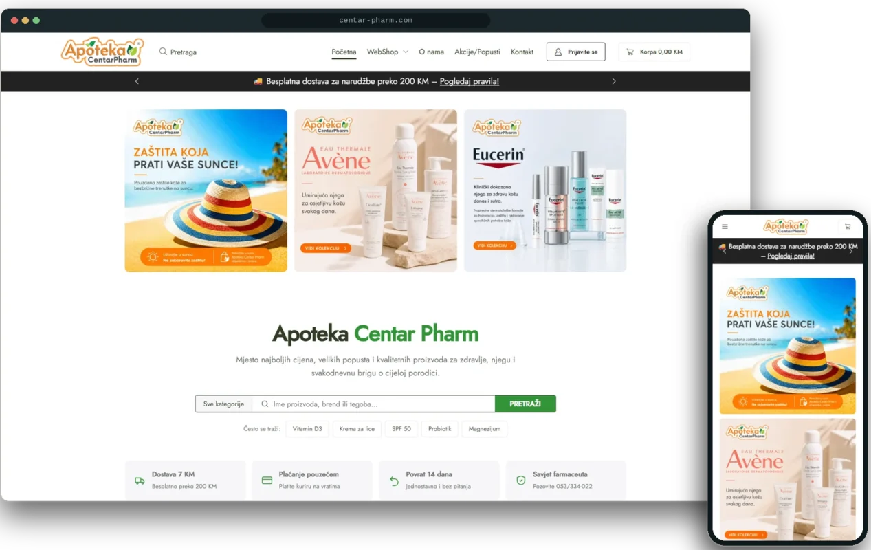 Prikaz sajta centar-pharm.com na desktopu i mobilnom telefonu