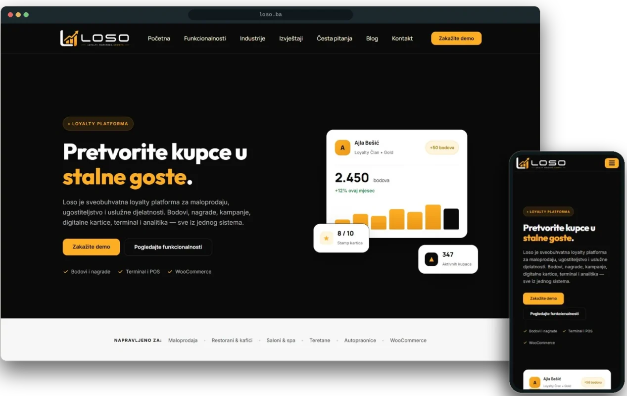 Prikaz sajta loso.ba na desktopu i mobilnom telefonu