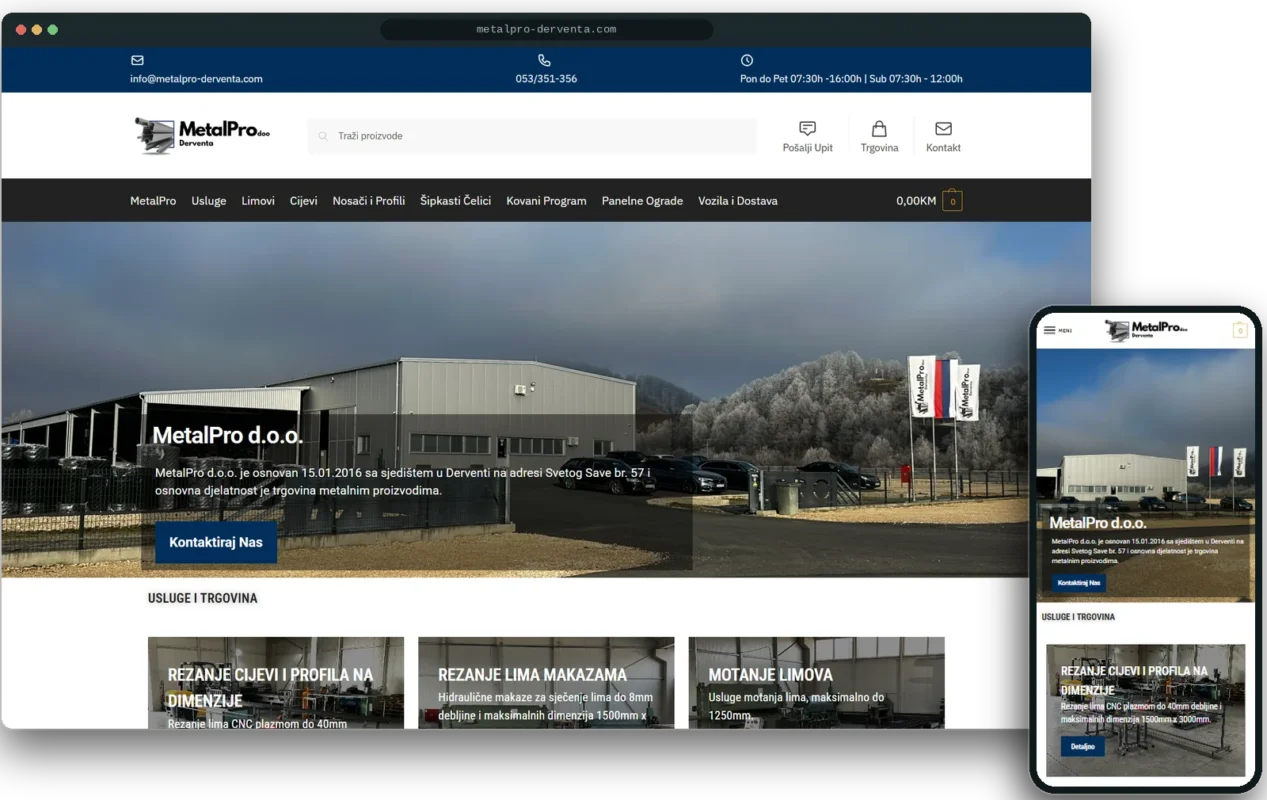 Prikaz sajta metalpro-derventa.com na desktopu i mobilnom telefonu