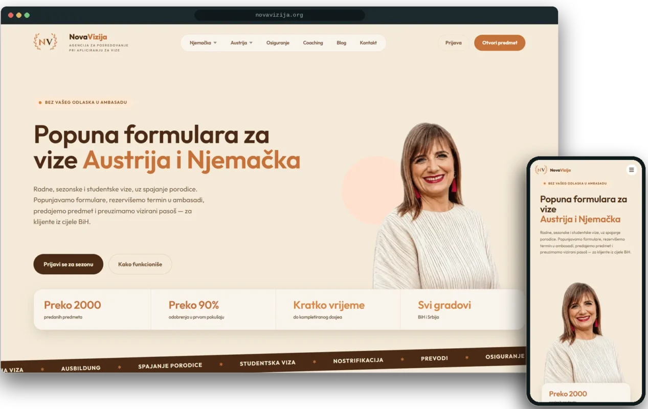 Prikaz sajta novavizija.org na desktopu i mobilnom telefonu