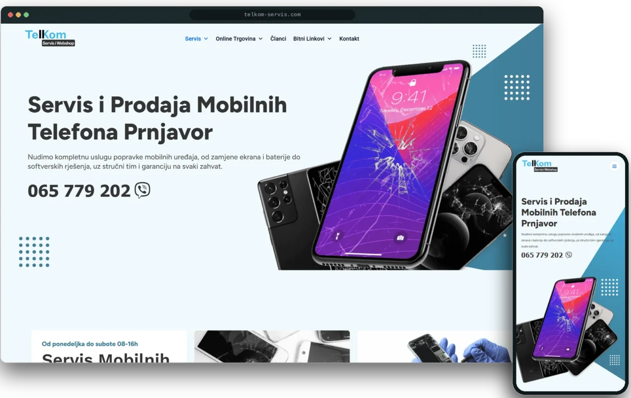 Prikaz sajta telkom-servis.com na desktopu i mobilnom telefonu